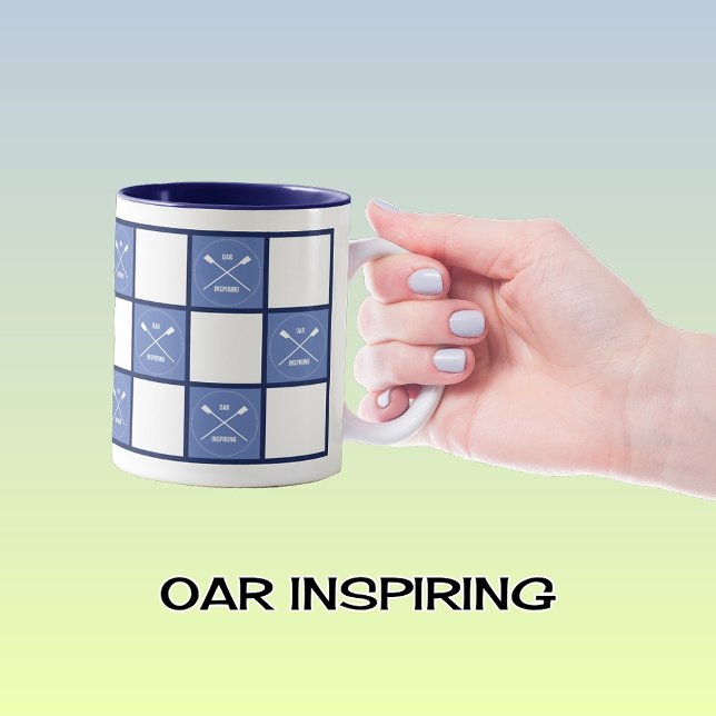 Rower's oar inspiring blue squares Two-Tone coffee mug (Mug option: navy two-tone)