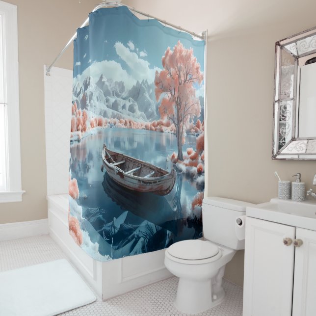 Rowing Boat on a Lake Infrared Serenity bathroom Shower Curtain (In Situ)