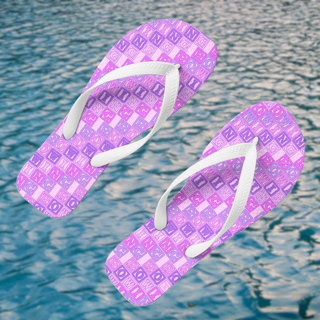 Rowing pink purple lettering pattern flip flops (This example has the white wide straps option)