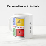 Rowing to win four colours personalised initials coffee mug<br><div class="desc">Four colourful icons of a rower in silhouette decorate the front and back of this mug. The caption is "ROWING TO WIN", and WIN is picked out in red. On the side, you can add your initials to personalise the mug. This mug would be a special and unique gift for...</div>