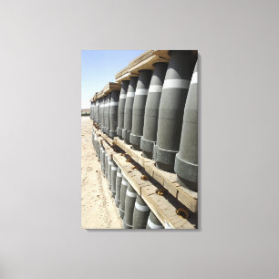 Rows of ammunition are stacked and prepped canvas print