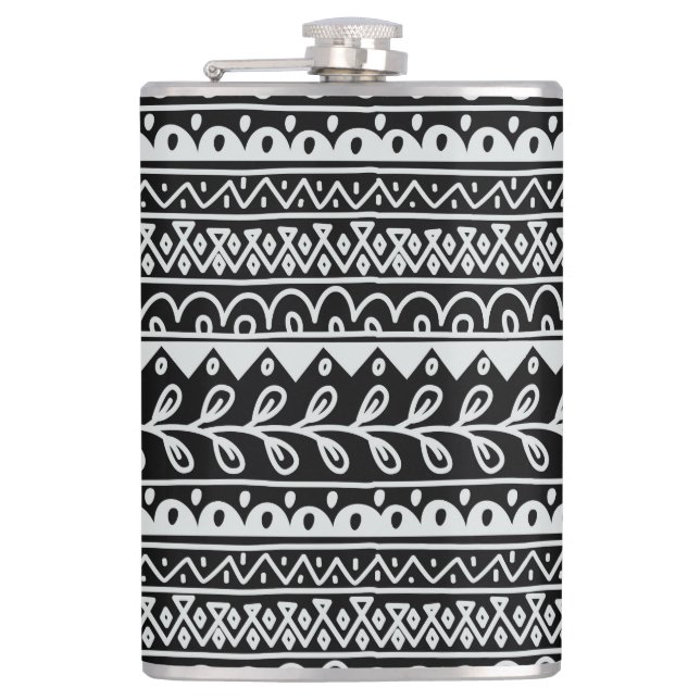 Rows of Black and White Doodle Patterns Hip Flask (Front)