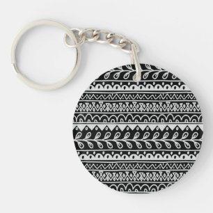 Rows of Black and White Doodle Patterns Key Ring