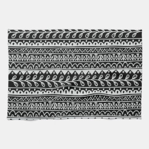 Rows of Black and White Doodle Patterns Tea Towel