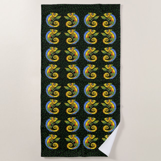 Rows of Bright Colourful Smiling Lizards Green Dot Beach Towel (Front)