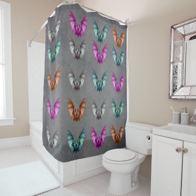 Rows of Gothic Flying Bats Various Colours Grey Shower Curtain (In Situ)