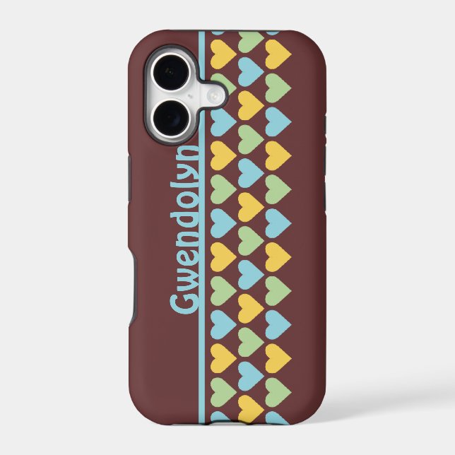 Rows of hearts pattern blue green personalise name (Back)