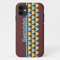 Rows of hearts pattern blue green personalise name