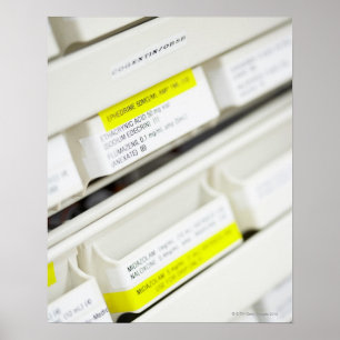 Rows of labelled medicine drawers poster