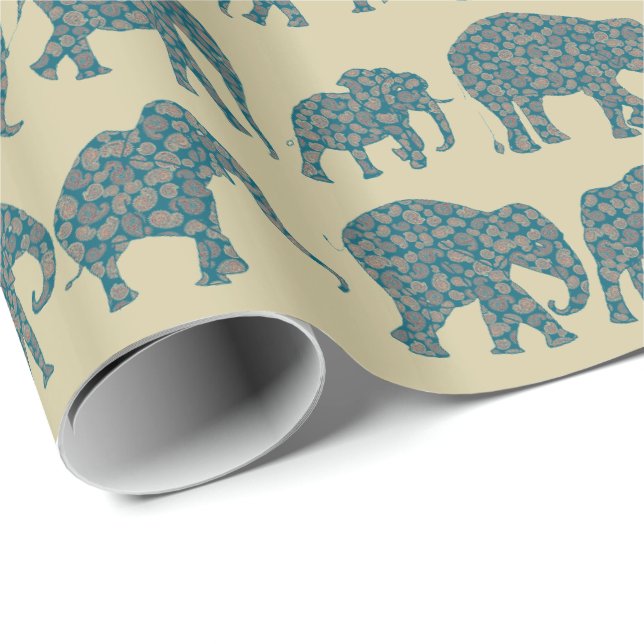 Rows of Paisley Elephants on Beige Wrapping Paper (Roll Corner)