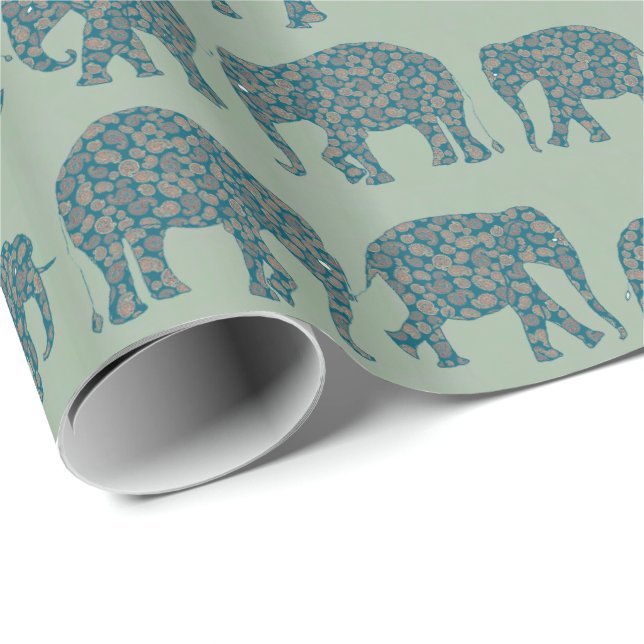 Rows of Paisley Elephants on Sage Green Giftwrap Wrapping Paper (Roll Corner)