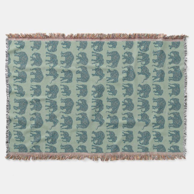 Rows of Paisley Elephants Sage Green Throw Blanket (Front)