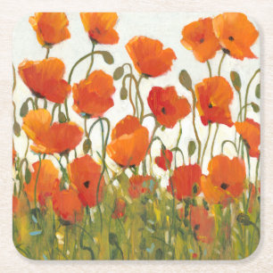 Rows of Poppies I Square Paper Coaster