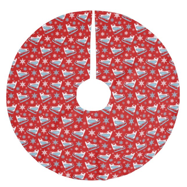 ROWS OF RED WHITE BLUE WINTER ICE SKATES BRUSHED POLYESTER TREE SKIRT (Front)