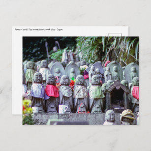Rows of small Jizo monk statues with bibs - Japan Postcard