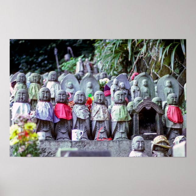 Rows of small Jizo monk statues with bibs - Japan Poster (Front)