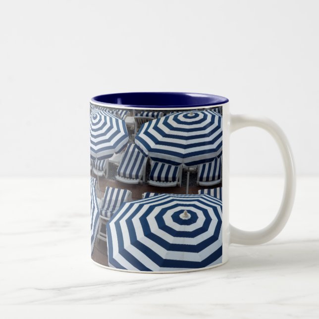 Rows Of Striped Beach Umbrellas With Sun Beds Two-Tone Coffee Mug (Right)
