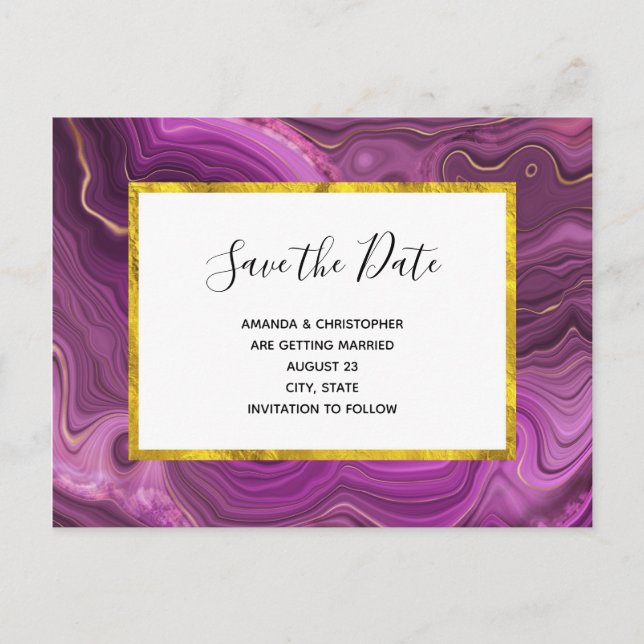 Royak Purple And Gold Agate Wedding Save the Date Invitation Postcard (Front)