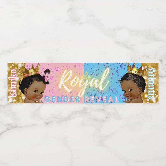 Royal African Gender Reveal Pink|Blue Gold Glitter Water Bottle Label (Single Label)
