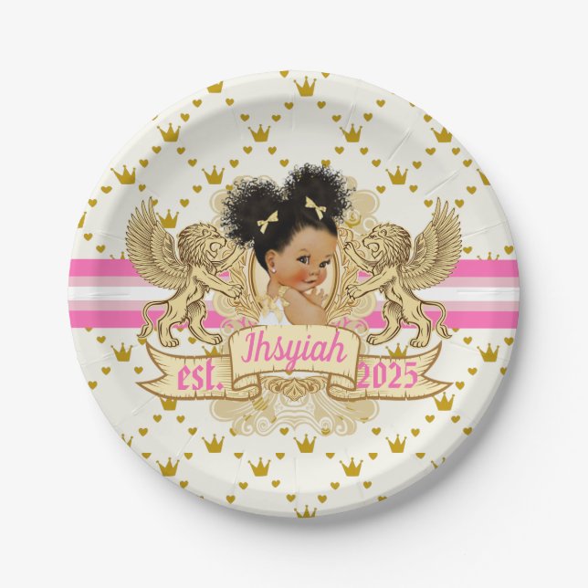 Royal African Princess Pink|Gold Baby Shower Paper Paper Plate (Front)