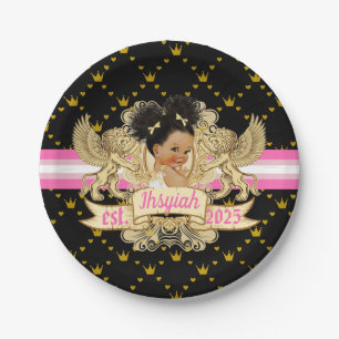 Royal African Princess Pink Gold Baby Shower Paper Plate