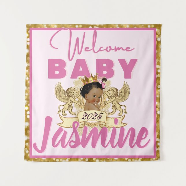 Royal African Princess Pink|Gold Glitter Backdrop Tapestry (Front)
