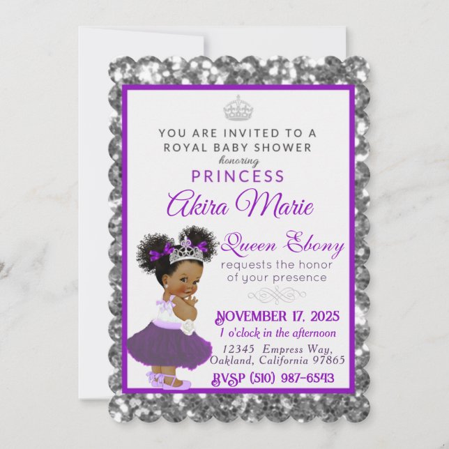 Royal African Princess Purple|Silver Glitter Invitation (Front)