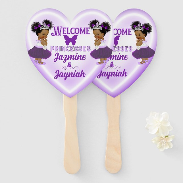 Royal African Purple Princesses Twin Baby Shower  Hand Fan (Front and Back)