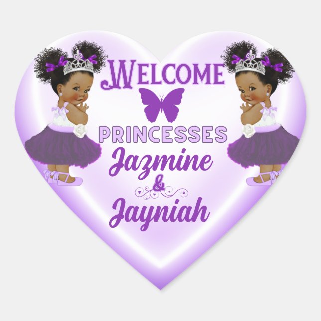 Royal African Purple Princesses Twin Baby Shower  Heart Sticker (Front)