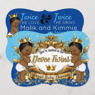 Royal African Twin {BOYS} Light Dark Blue and Gold Invitation