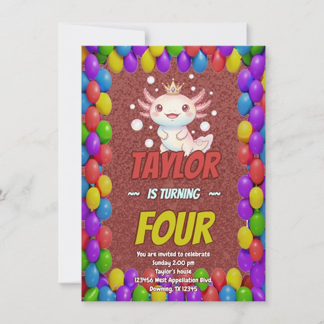 Royal Axolotl 4th Birthday Invite (Front)
