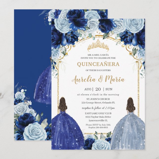 Royal Baby Blue Floral Girls Twins Quinceañera Invitation (Front/Back)