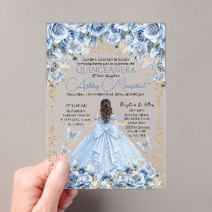 Royal Baby Blue Gold Crown Quinceañera Acrylic Invitations