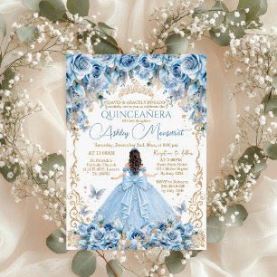 Royal Baby Blue Gold Crown Quinceañera Invitation