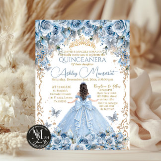 Royal Baby Blue Gold Crown Quinceañera Invitation
