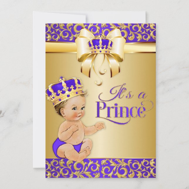 Royal Baby Shower Purple & Gold Prince Crown Invitation (Front)