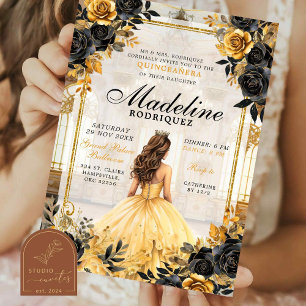 Royal Ballroom Black and Gold Quinceanera Invitation