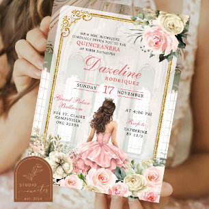 Royal Ballroom Pink Rose Gold Quinceanera Invitation