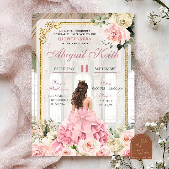 Royal Ballroom Rose Gold Bow Coquette Quinceanera Invitation (Creator Uploaded)