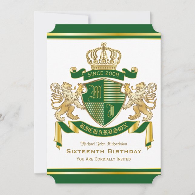 Royal Birthday Coat of Arms Green Gold Lion Emblem Invitation (Front)