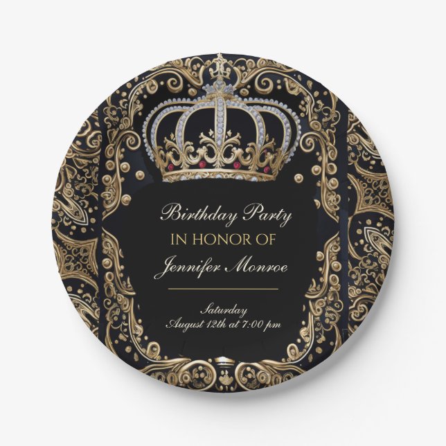 Royal Birthday Party Crown Ornate Invitation Paper Plate (Front)