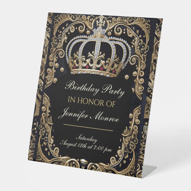 Royal Birthday Party Crown Ornate Invitation Pedestal Sign (Front)