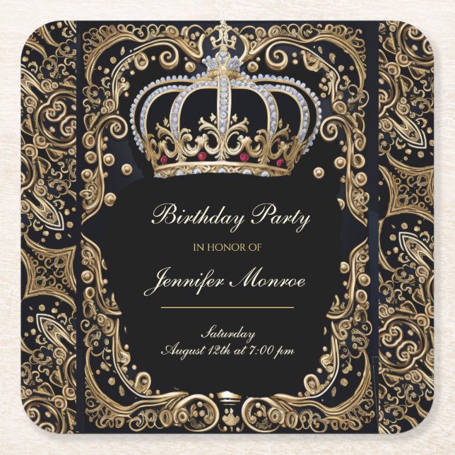 Royal Birthday Party Crown Ornate Invitation Square Paper Coaster (Front)