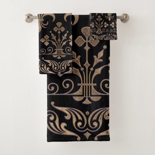 Royal black and gold Fleur-de-lis ornament Bath Towel Set (Insitu)