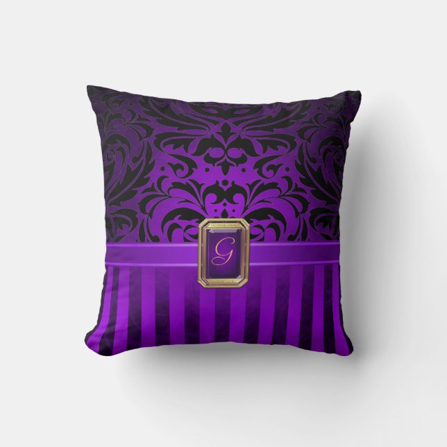 Royal Black Damask Purple Pinstripe Faux Jewel Cushion (Front)
