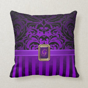 Royal Black Damask Purple Pinstripe Faux Jewel Cushion