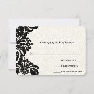 Royal Black Damask Wedding RSVP Card