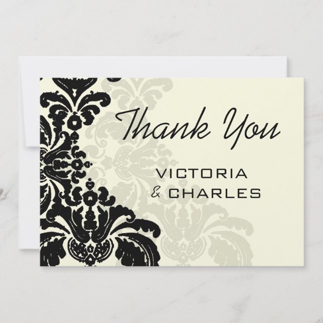 Royal Black Damask Wedding Thank You 5x7 Card (Front)