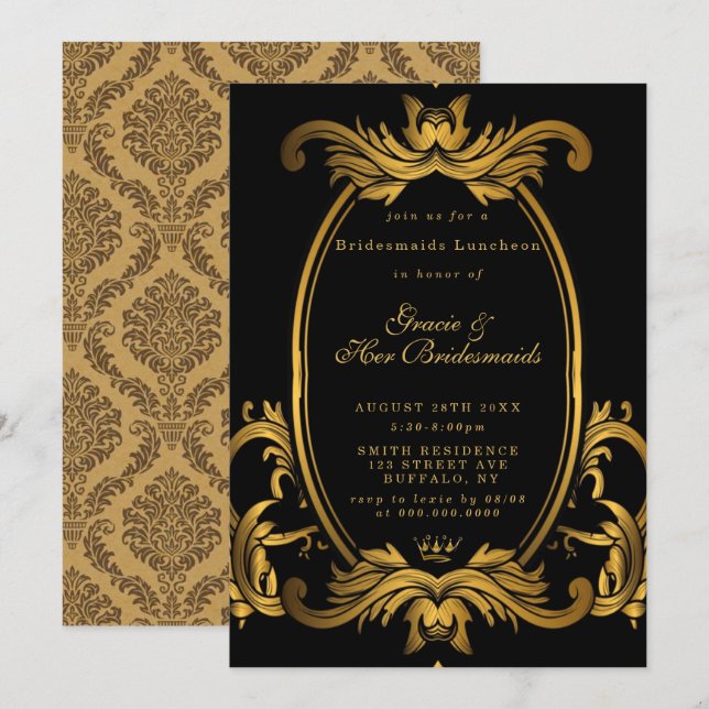 Royal Black Gold Bridesmaids Luncheon Invitation (Front/Back)