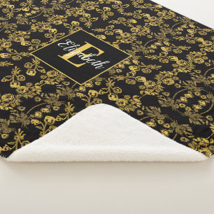 Royal Black & Gold Damask Floral Custom Name Sherpa Blanket